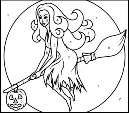 Witch on a Broomstick - Printable Color by Number Page